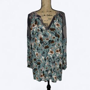 Jodifl Peasant Shirt Sz‎ 2X? Long Sleeve Floral V Neck Crinkle Office Bloomcore